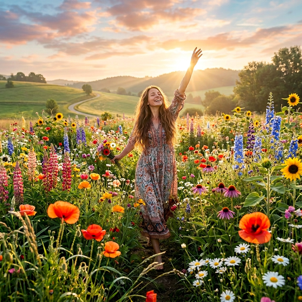 Smiling woman with raised arms walking barefoot through a colorful wildflower meadow